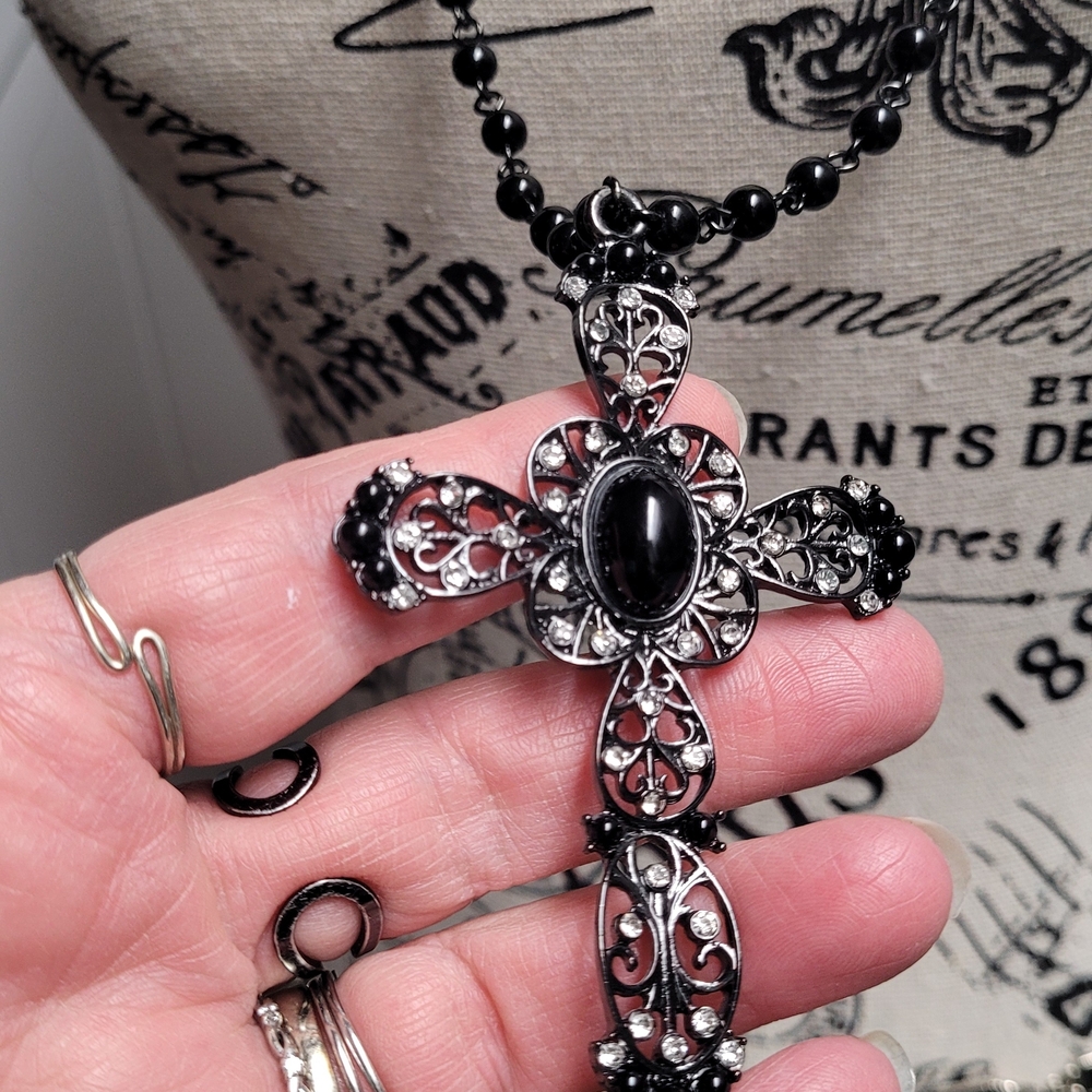 Ornate Black Cross Pendant Necklace and Black and Silver Belt